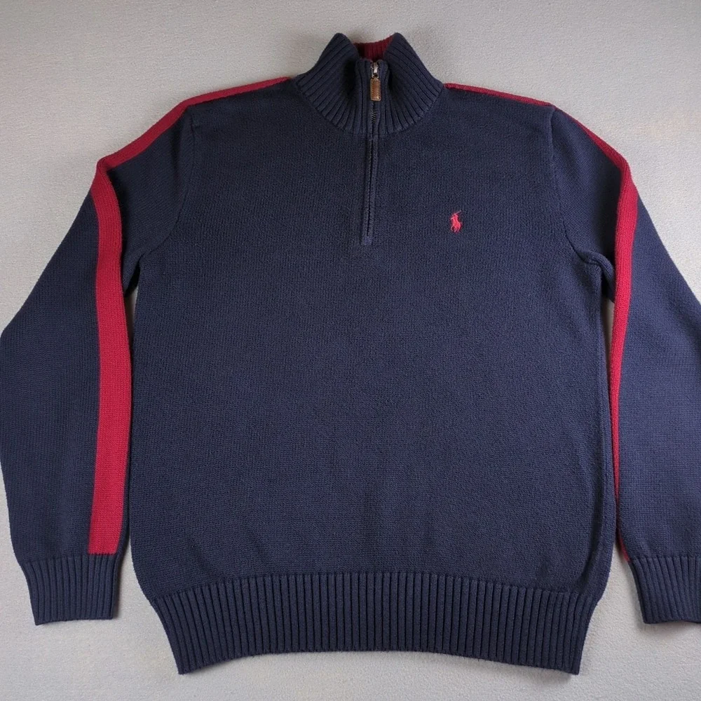 Vintage Polo Ralph Lauren 1/4 Zip Sweater Mens Medium Blue Red Striped Sleeve